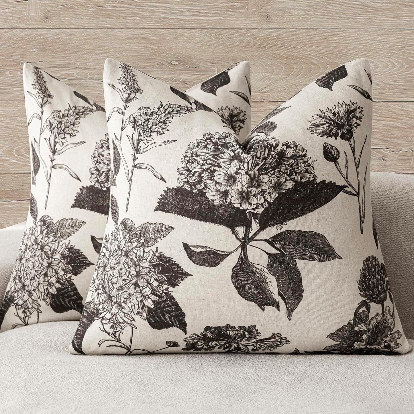 Foindtower Set of 2 Linen Floral Vintage Throw Pillow Covers Neutral Accent Print Decorative Cushion Covers Farmhouse Boho Home Decor for Sofa Chair Couch Bedroom Living Room Outdoor,18×18 Inch,Black