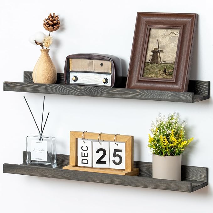 24 Inches Floating Shelves for Wall, Solid Pine Wood Picture Ledge Shelves, Wall Shelves with Lips, Nursery Book Shelves for Toys Storage Living Room Bedroom Photo Frames (2 Pcs, Grey)