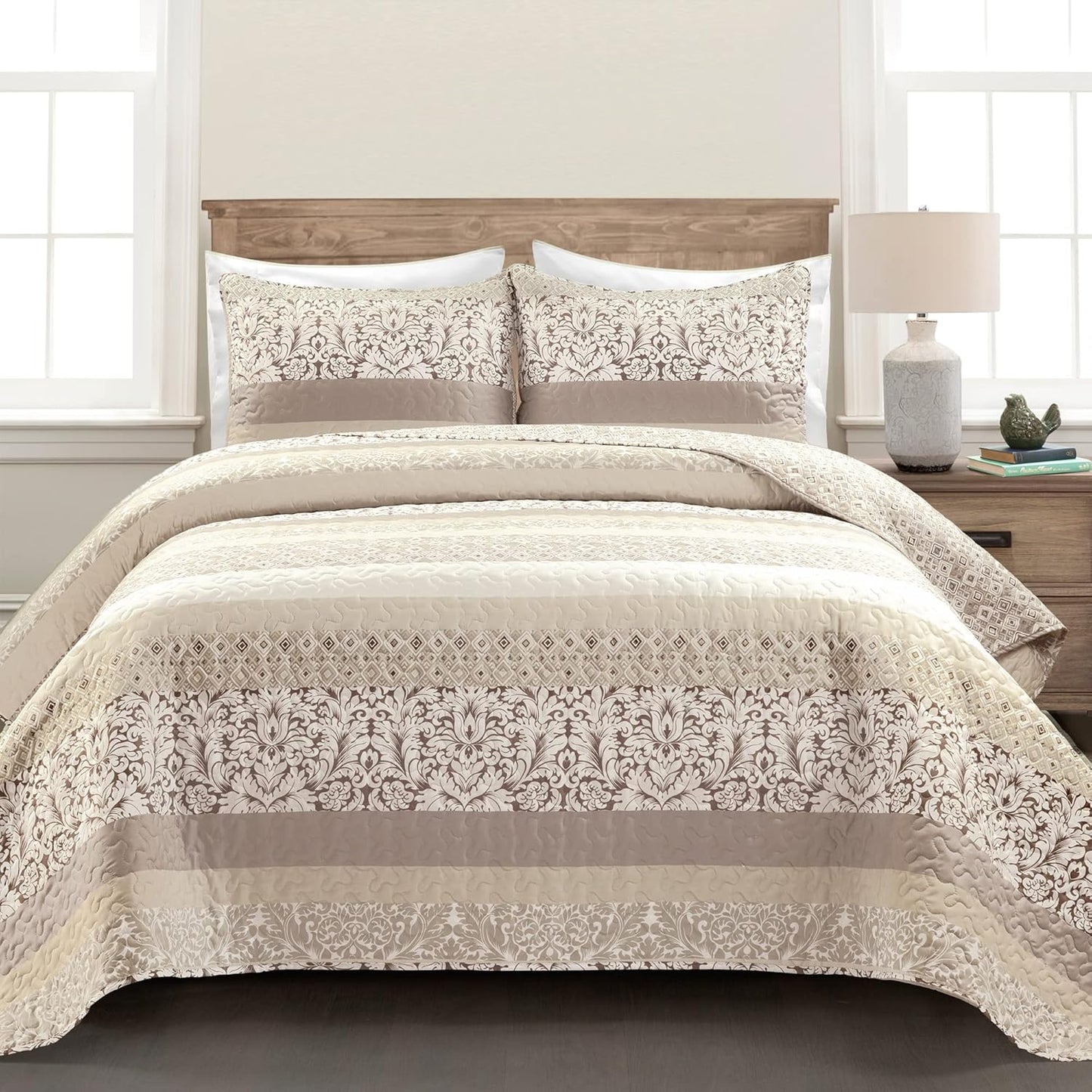 Lush Decor Boho Stripe Reversible Cotton Quilt 3-Piece Set, Full/ Queen, Neutral - Bold Colorful Bohemian Bedding Set