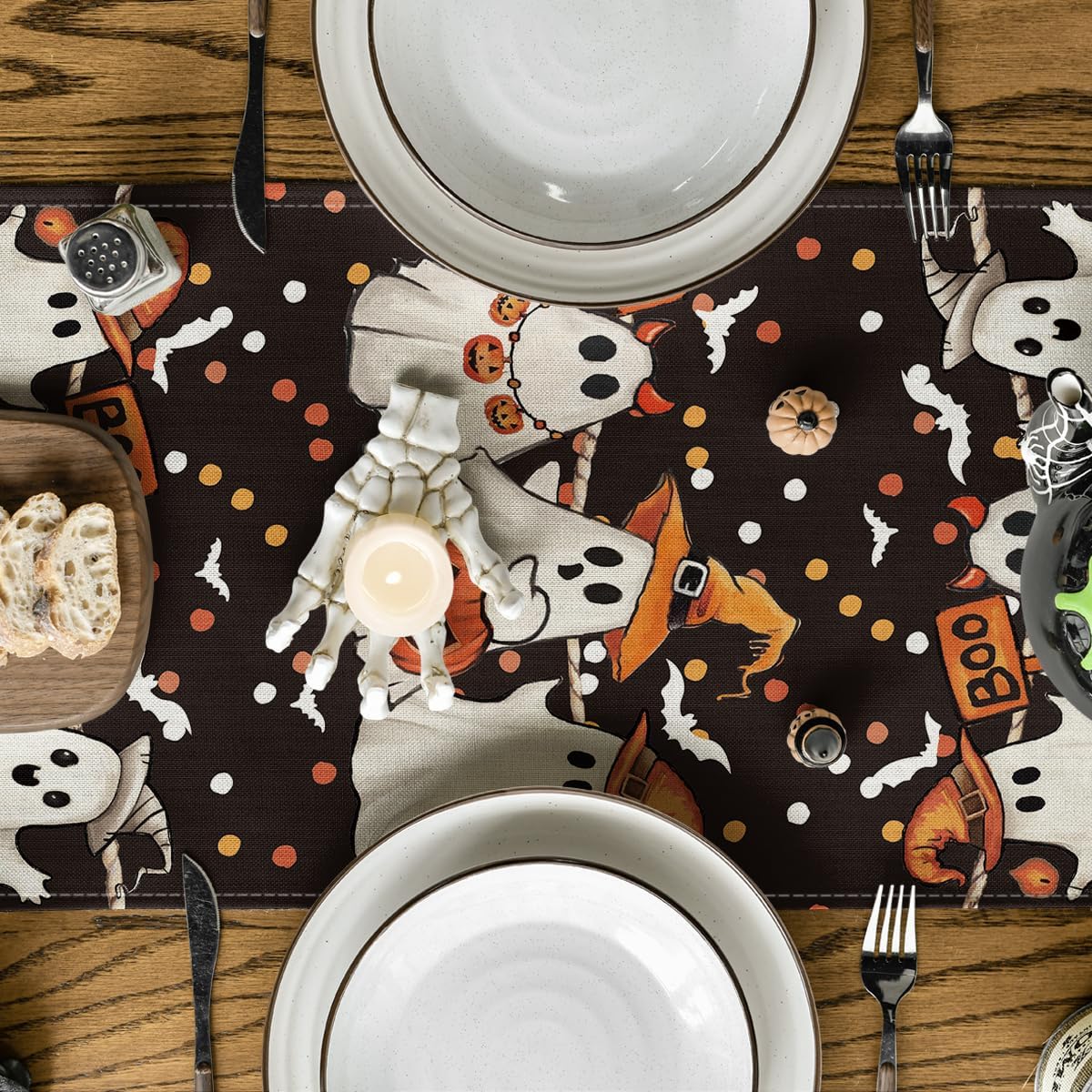 Artoid Mode Ghost Jack-O'-Lantern Black Cat Halloween Table Runner,Holiday Kitchen Dining Table Decoration for Home Party Decor 13 x 90 Inch