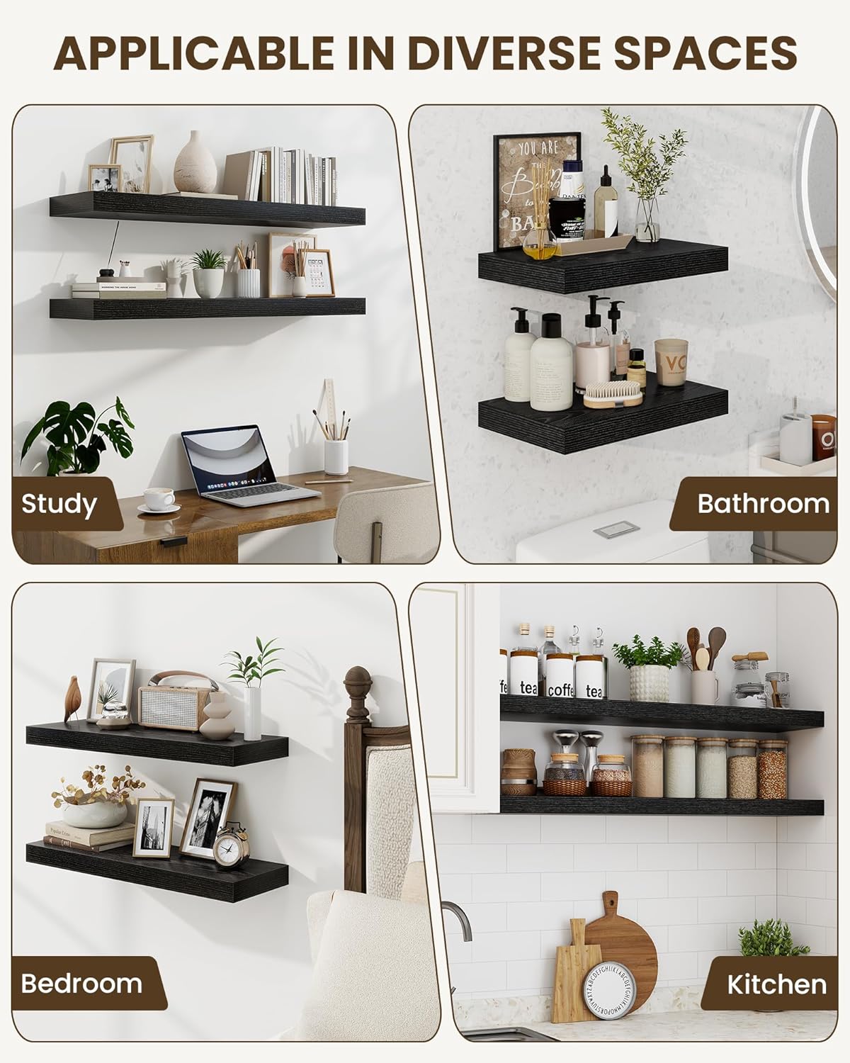 Marsmiles 55" Floating Shelves for Wall, Wooden Shelves with Invisible Brackets Set of 2, Rustic Farmhouse Wall Mounted Shelf for Kitchen Bathroom Living Room Study, Black
