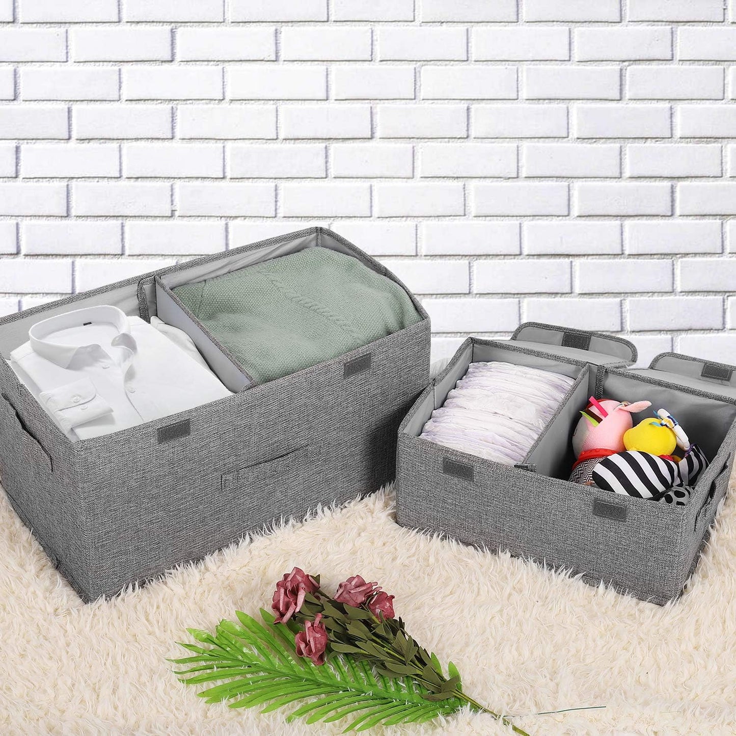 2 Pack Large Storage Boxes with Lids and Handles, Collapsible Linen Storage Bins Organizer Containers Baskets Cube with Removable Divider for Home Bedroom Closet Office (Green, Large)