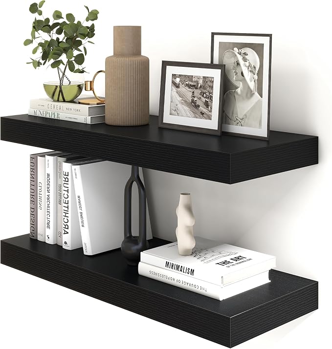 Deep Floating Shelves for Wall | 30W x 12D Black Floating Shelves Set of 2 | 12 Inch Deep Wall Shelves for Living Room Bathroom Laundry Room Bedroom Kitchen Home Office - Black