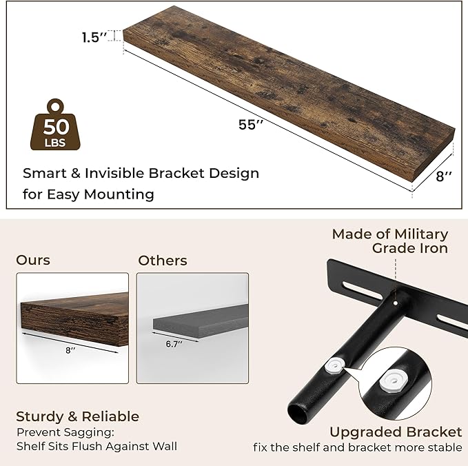 RICHFOCUS 55Inch Floating Shelves for Wall 2 Pack Shelves for Bedroom|Kitchen|Bathroom Wall Mounted Rustic Wood Floating Shelf with Invisible Brackets for Books|Storage|Decor, Rustic Brown