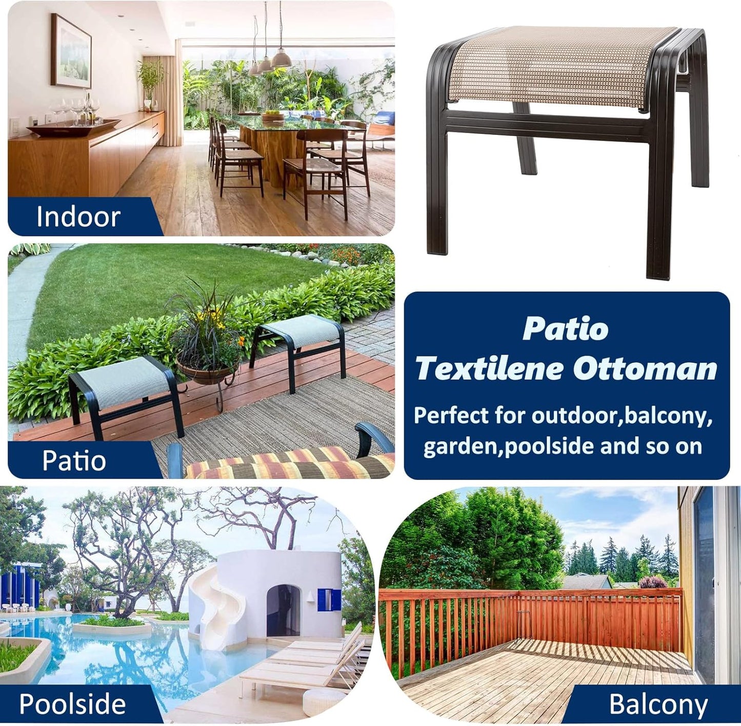 Outdoor Patio Ottoman Seat Textilene Portable Metal Footstool Portable Footrest Patio Chairs 2 Set Beige