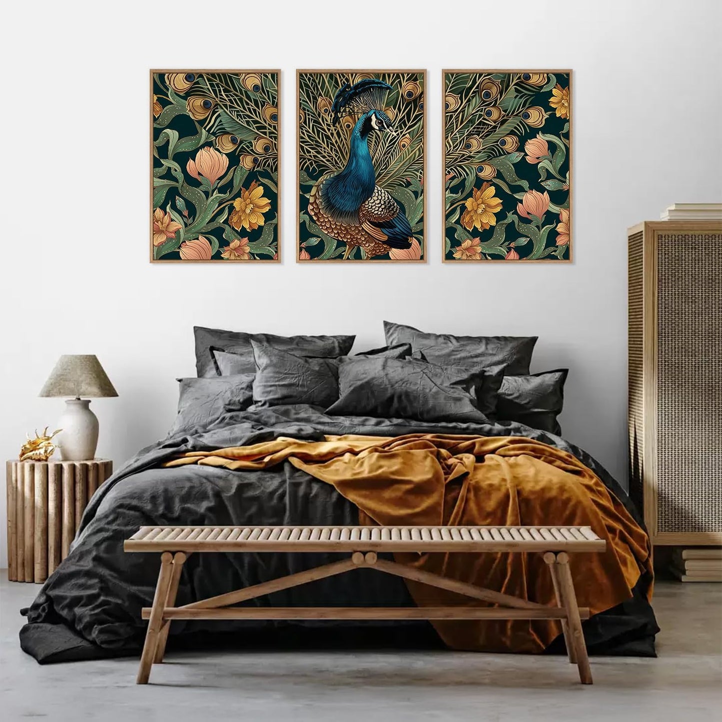 HLNIUC Peacock Framed Canvas Wall Art,Large Peacock Flower Wall Decor Set of 3(16”x24”)Modern Elegance Peacocks Floral Framed Painting,Vintage Beautiful Animal Feather Art Print for Living Room,Office