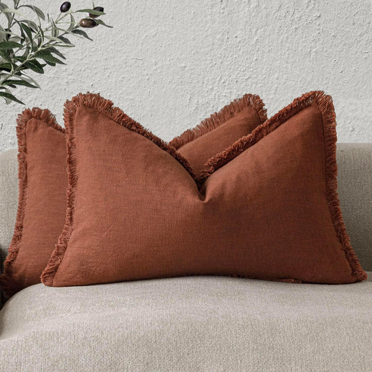 Foindtower Set of 2 Decorative Linen Fringe Throw Pillow Covers Farmhouse Cushion Cover with Tassels Lumbar Accent Pillowcase for Couch Bed Living Room Home Bedroom Decor, 12×24 Inch, Fall Rust Orange