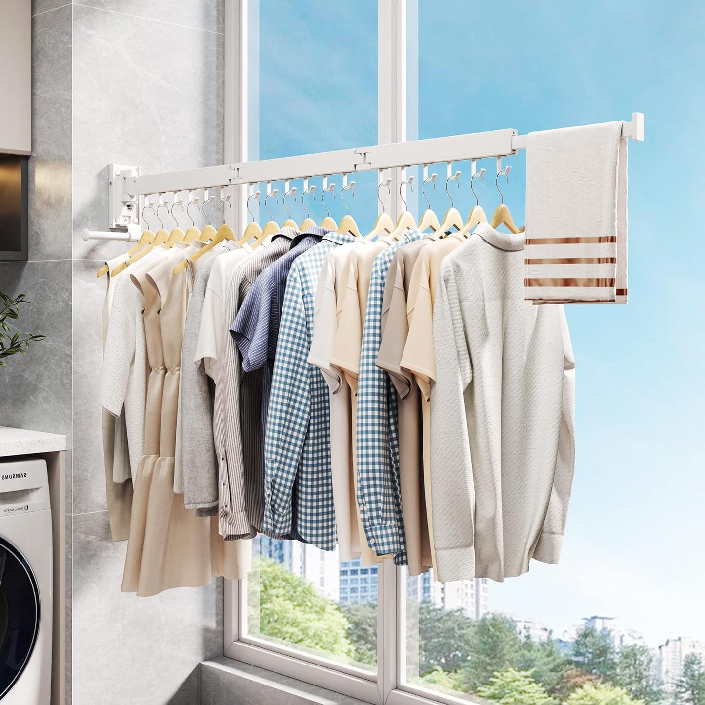 Clothes Drying Rack,Laundry Drying Rack Wall Mount, Wall Mounted Clothes Rack,Retractable,Collapsible(Tri-Fold),Drying Rack Clothing,can Fold Upward & Left & Right,Space Saver, White Color
