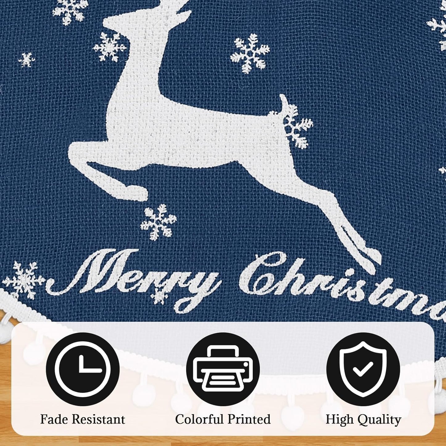 24 Inch Christmas Tree Skirt, Burlap Blue Christmas Rustic Tree Skirt with Elk Deer and White Snowflake Printed for Holiday Party Xmas Tree Decoration