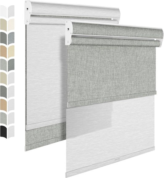 BERISSA Dual Roller Shades with Cassette Valance, Blackout and Light Filtering, Day and Night Shades for Home Office Door, Linen Grey and White, 37 W x 72" H