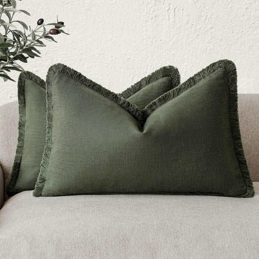 Foindtower Set of 2 Decorative Linen Fringe Throw Pillow Covers Farmhouse Cushion Cover with Tassels Accent Pillowcase for Couch Bed Sofa Living Room Home Bedroom Decor,12×24 Inch,Dark Olive Green