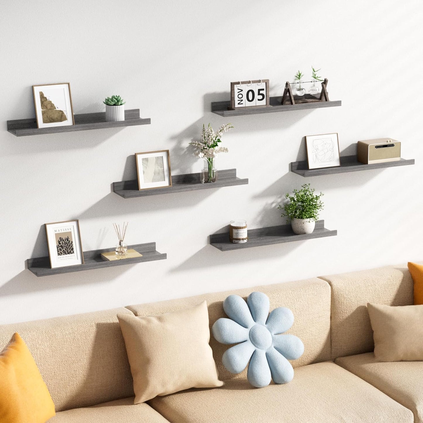 upsimples Floating Shelves for Wall, Wood Mounted Shelf Decor Storage Set of 6, for Bedroom, Living Room, Bathroom, Kitchen, 23.6 inch Long Picture Ledge, Grey