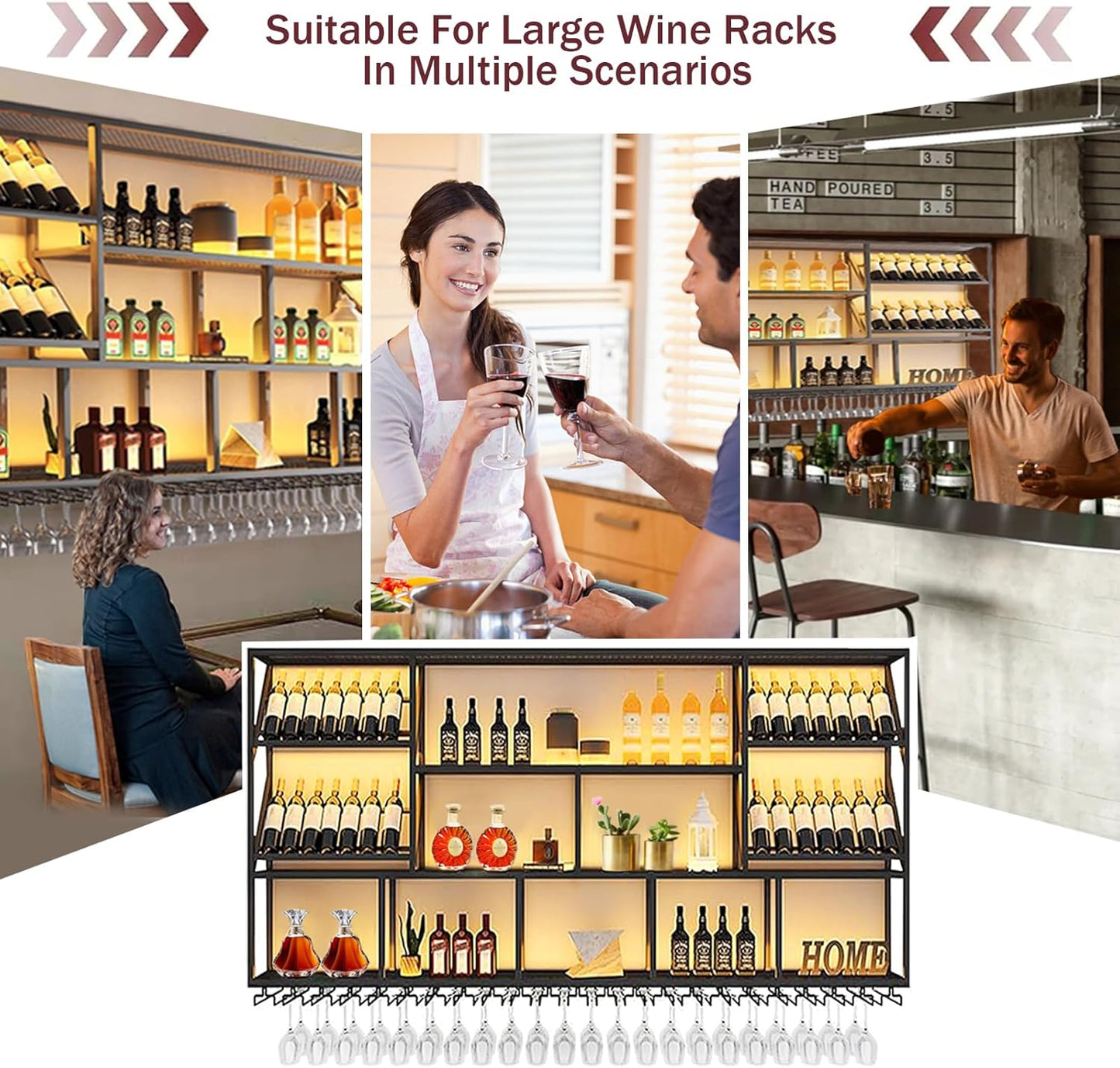 59Inch Wall Mounted Wine Rack, 3 Tiers Large Bar Shelves with 14 Glass Holder, Metal Wine Bottle Display Shelf, Modern Iron Liquor Shelf, for Kitchen Dining, Home Bar, Cellar (59.1" W)