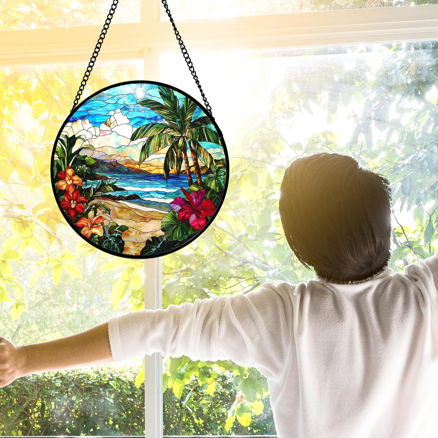 Stained Glass Window Hanging, Blue Beach Scenery Suncatcher Diamond Glass Panel Hangings Sun Catchers Decor for Birthday for Women, Men, Wife, Aunt, and Mom 11.8x11.8 in