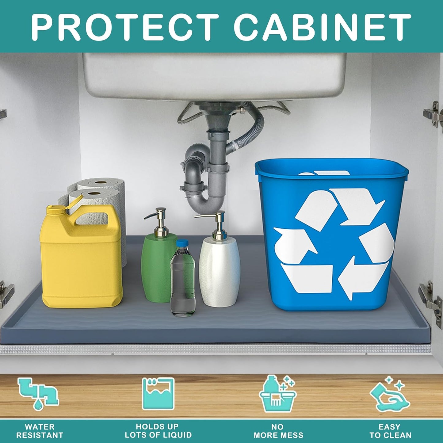 URMONA Waterproof Silicone Under Sink Mat 19'' x 19'' Shelf Liner for Kitchen and Bathroom, Cabinet and Counter Protector, Storage and Organizers, Litter Mat, Pet Cat Puppy Essentials(Black)