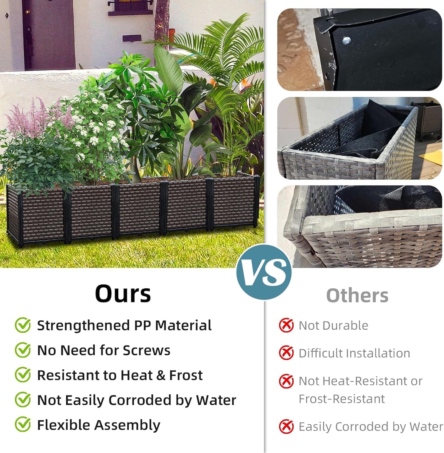 Large Planters for Outdoor Plants 14" Tall Planter Box, Raised Beds for Gardening Self Watering, Elevated Planter Box with Legs, Rectangular Garden Planters for Outdoor Plants Flowers, 62.9"L x 15.7"W