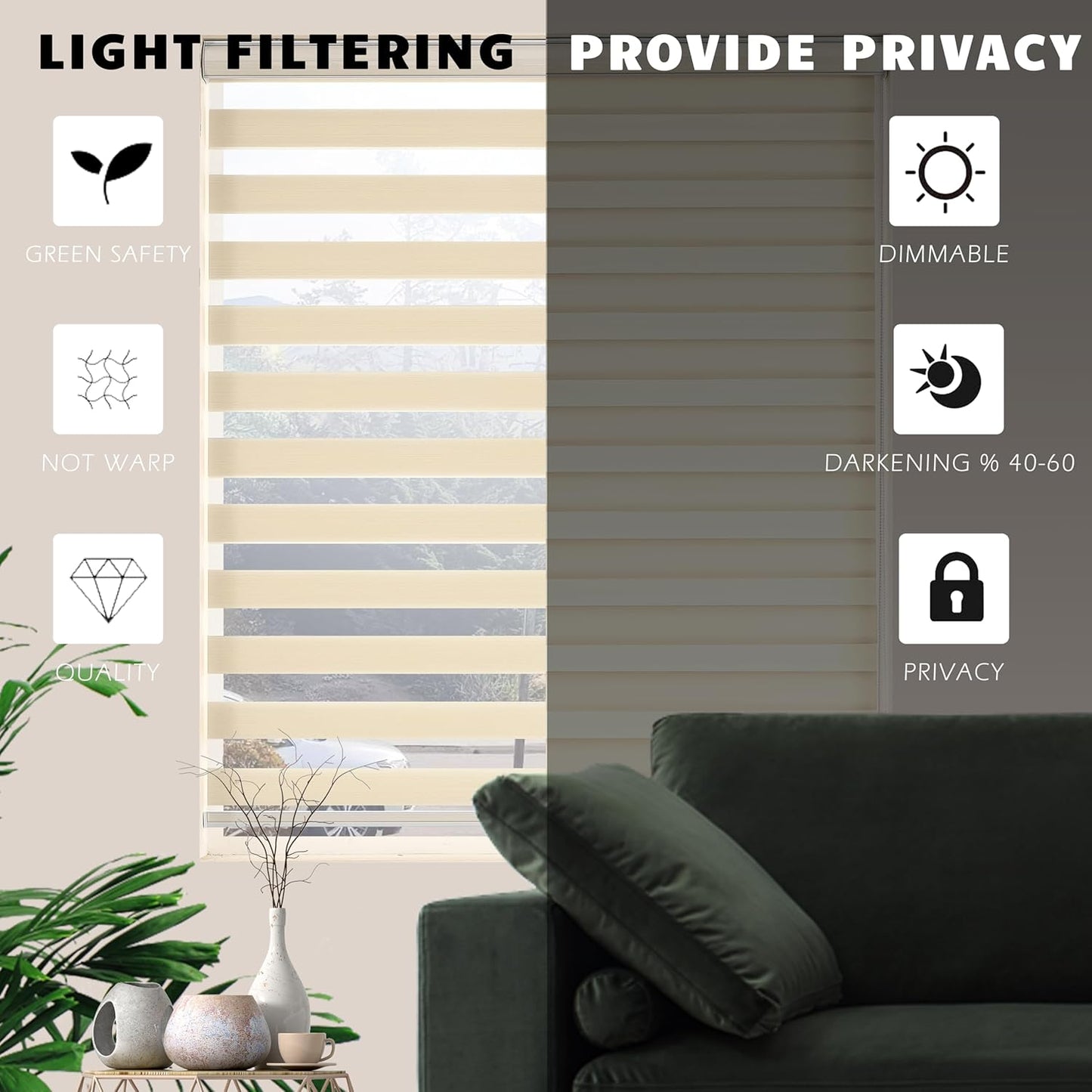 Zebra Blinds Window Blind Zebra Shade Blinds for Windows Roller Sheer Shades Privacy Light Filtering Shades for Home Kitchen Bathroom (Width 55'' X Height 72'' Cream)