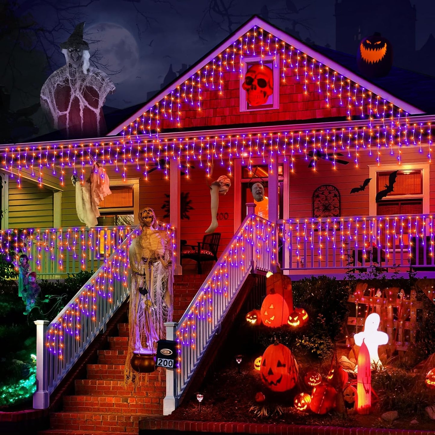 KNONEW 99FT 1216 LED Halloween Lights Decortation Orange Purple String Lights Outdoor with 228 Drops, 8 Lighting Modes, Timer Memory Function Hanging Curtain Lights for Halloween Party Decor