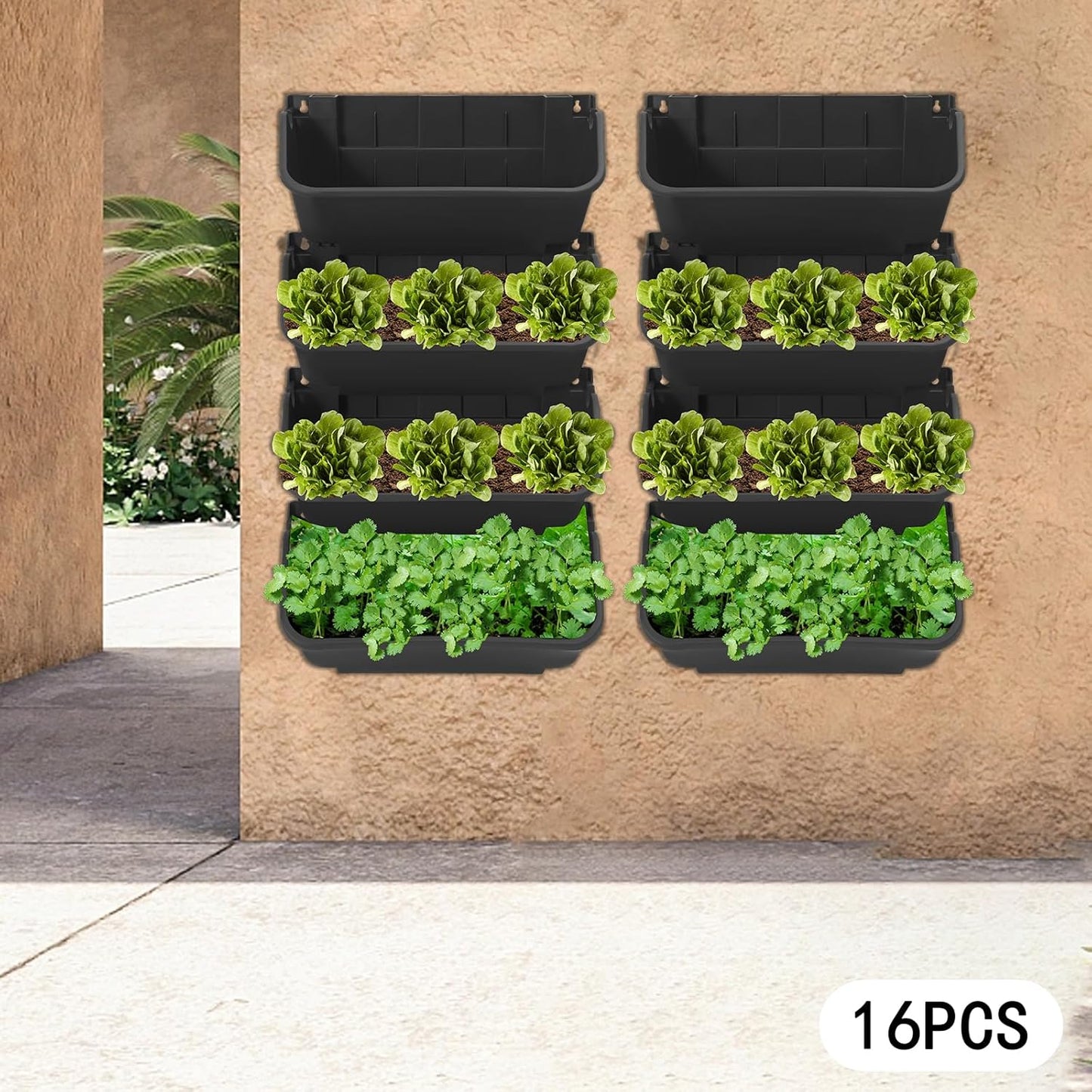 Vertical Wall Planter 16Pcs, 13 inch Wall Mounted Garden Planters, Plastic Wall Hanging Planter with Drainage Holes, Wall Planters for Patio Outdoor Decor, Balcony Plant Hanging Flowerpot (Black)
