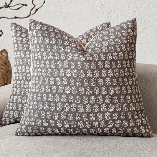 Foindtower Set of 2 Decorative Vintage Floral Print Throw Pillow Covers Neutral Modern Farmhouse Cushion Covers Boho Home Decor for Sofa Couch Chair Bedroom Living Room Outdoor,24×24 Inch,Rustic Gray