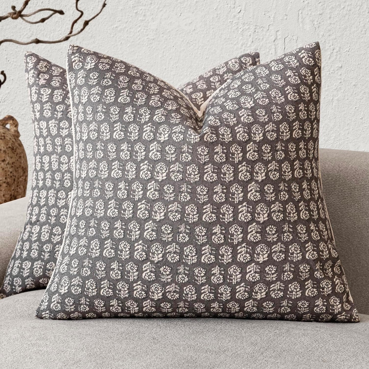 Foindtower Set of 2 Decorative Vintage Floral Print Throw Pillow Covers Neutral Modern Farmhouse Cushion Covers Boho Home Decor for Sofa Couch Chair Bedroom Living Room Outdoor,22×22 Inch,Rustic Gray