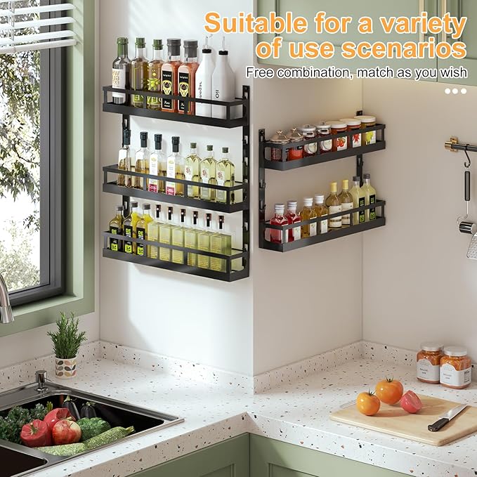 X-cosrack 5-Tier Small Wall-Mounted Spice Rack Organizer, Height-Adjustable, Space-Saving Compact Design for Kitchen Pantry Cabinet, Black