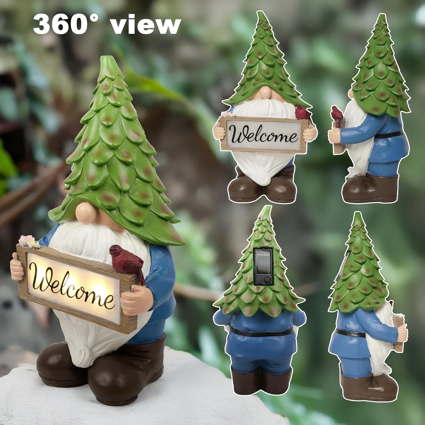 Large Garden Gnome Statue with Solar Lights, 13.5” Welcome Sign Gnome Outdoor Decor for Yard Lawn Patio, Funny Resin Gnome Sculptures, Gifts for Women Mom Grandma,Garden Decor Ornament