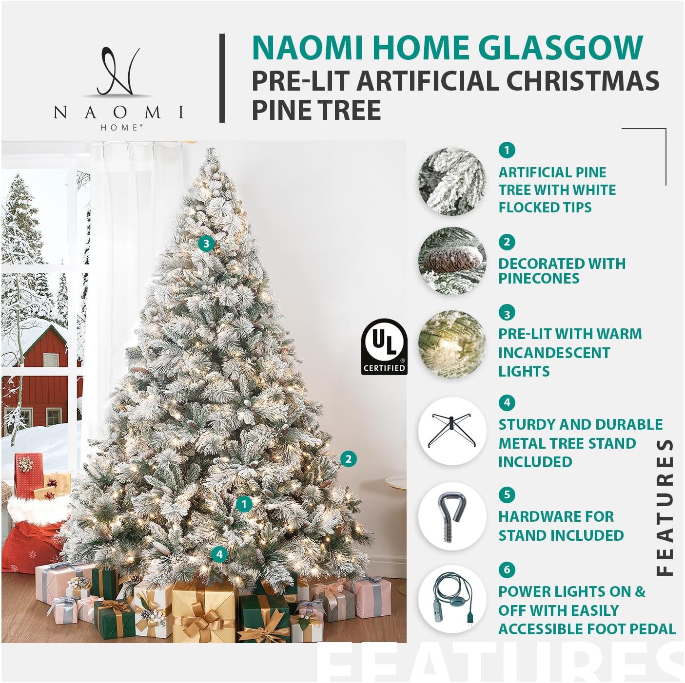 Naomi Home 9ft Slim Christmas Tree with Lights Realistic Skinny Pencil Christmas Tree Prelit with 1455 Branch Tips 500 Warm Lights and Metal Stand Aritificial Tree Árbol De Navidad