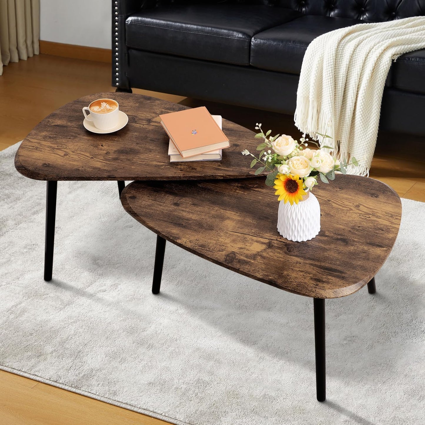 Nesting Coffee Tables, Nested Table with Wooden Legs Set of 2 - Triangle Side Table for Living Room, Bedroom, Minimalist Bamboo, Apartment & Small Spaces, Tiger