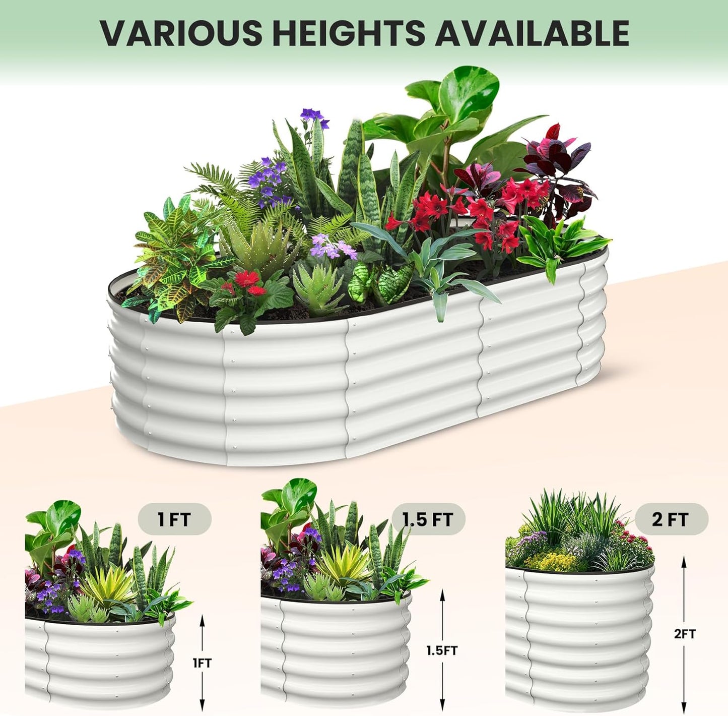 2 Pcs 6x3x1.5ft Oval Raised Garden Bed, Galvanized Raised Beds,Open-Ended Base Metal Raised Planter Beds,Garden Bed Outdoor,Planter Raised Boxes for Vegetables, Flowers,Tool-Free Asse,White