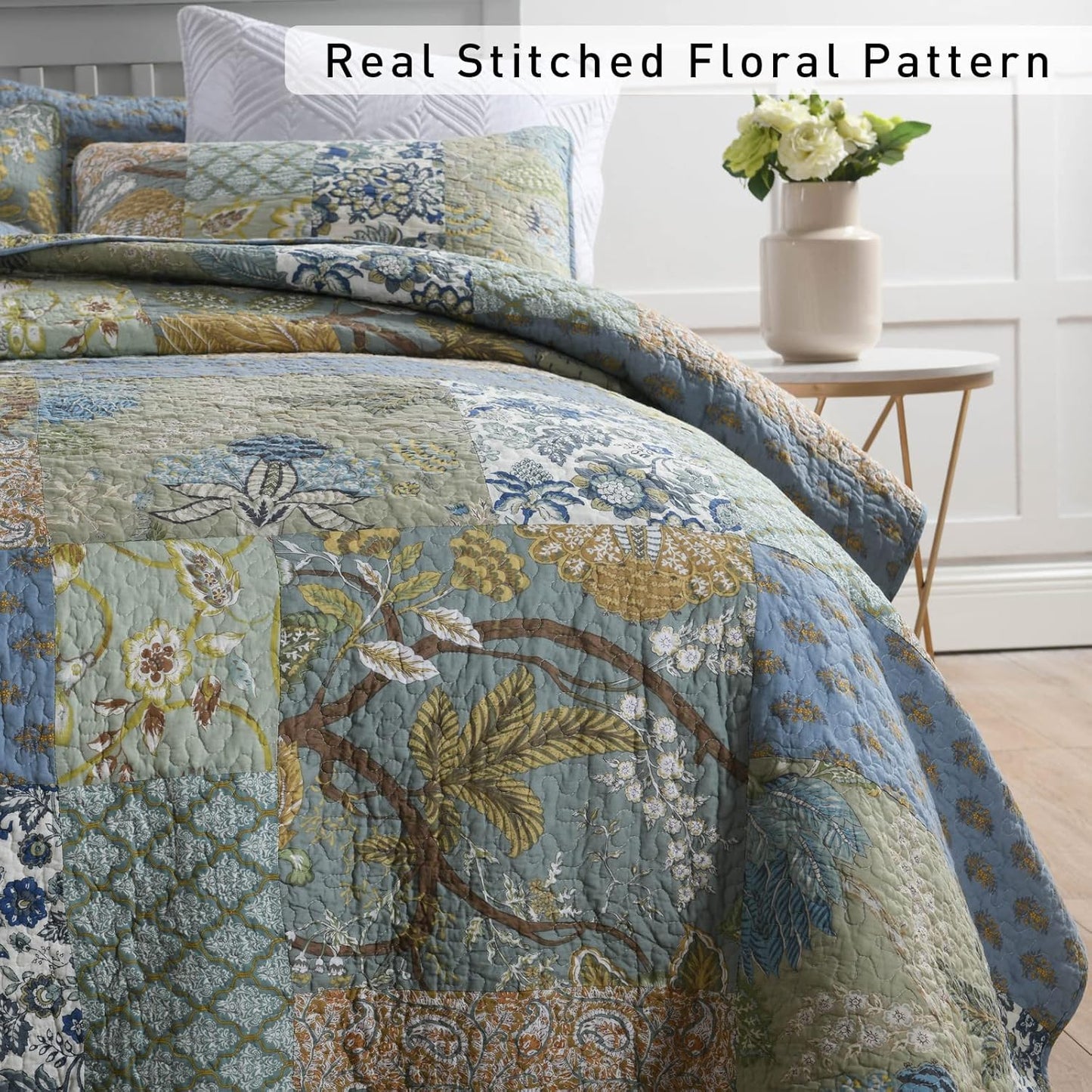 Yvooxny Quilt Set King Bedspread Reversible Green Farmhouse Garden Coverlet Real Patchwork Quilt Set for All Seasons with Pillowcases, Farmhouse Floral Pattern, King Size