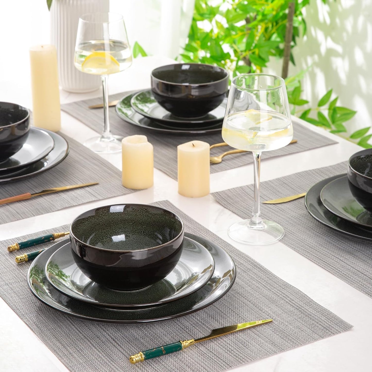 LERATIO Ceramic Dinnerware Sets for 8,Stoneware Plates and Bowls Sets,Handmade Reactive Glaze Dishes Set,Chip Resistant and Scratch Resistant | Oven&Dishwasher & Microwave Safe-Green(24PCS)