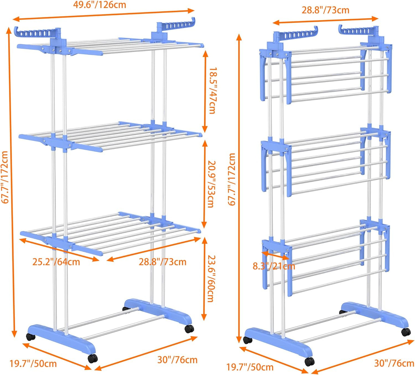 HOMIDEC Clothes Drying Rack, Large 4-Tier Foldable Drying Rack Clothing(67.7H x 19.7W x 30L Inches), Movable Drying Rack with 4 castors. Multifunctional Stainless Steel Laundry Drying Rack, Blue