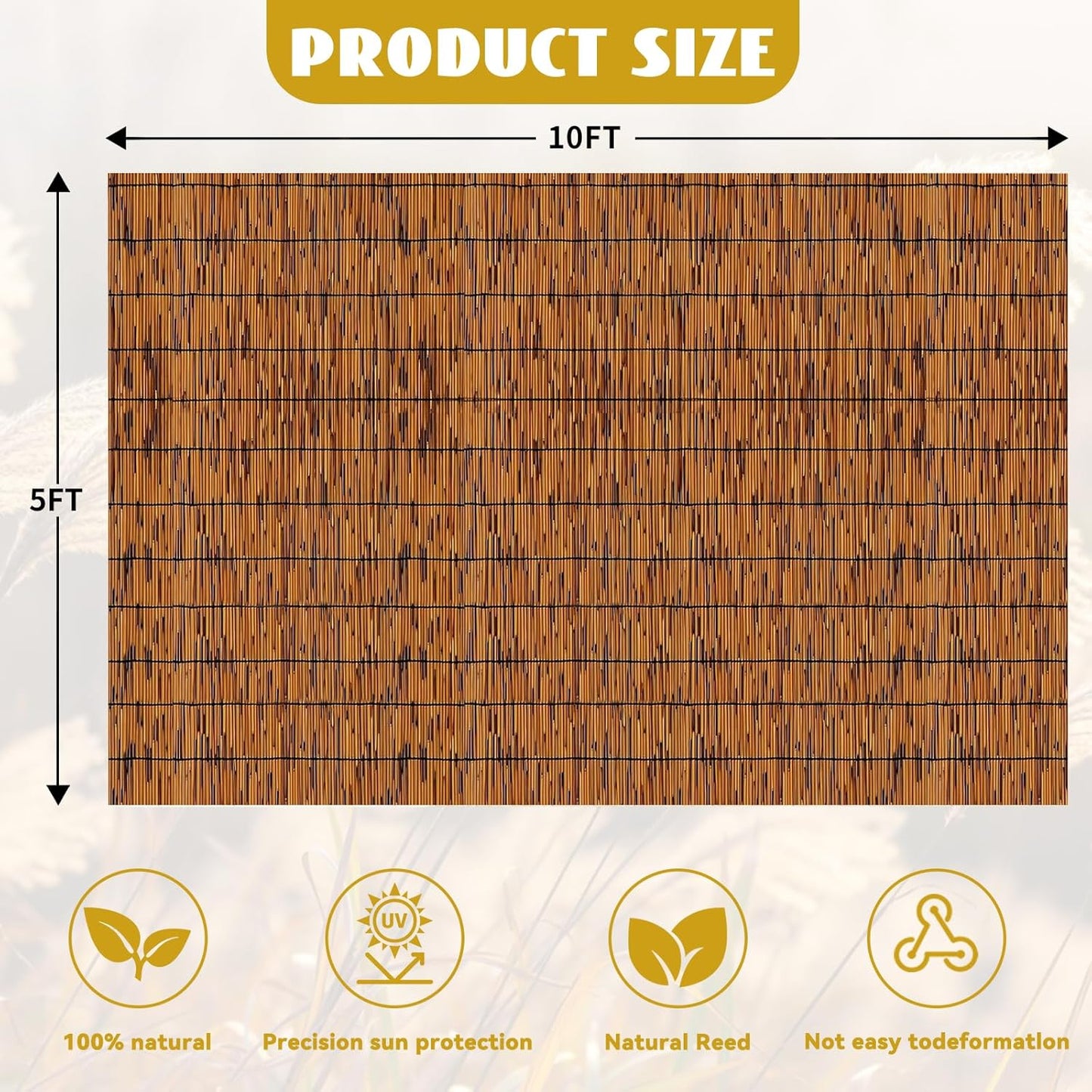 Bamboo Reed Fencing, Light Russet Bamboo Screens Outdoor, Decorative Privacy Screen Reed Curtains for Patio Balcony Garden Backyard, 5 x 10 FT