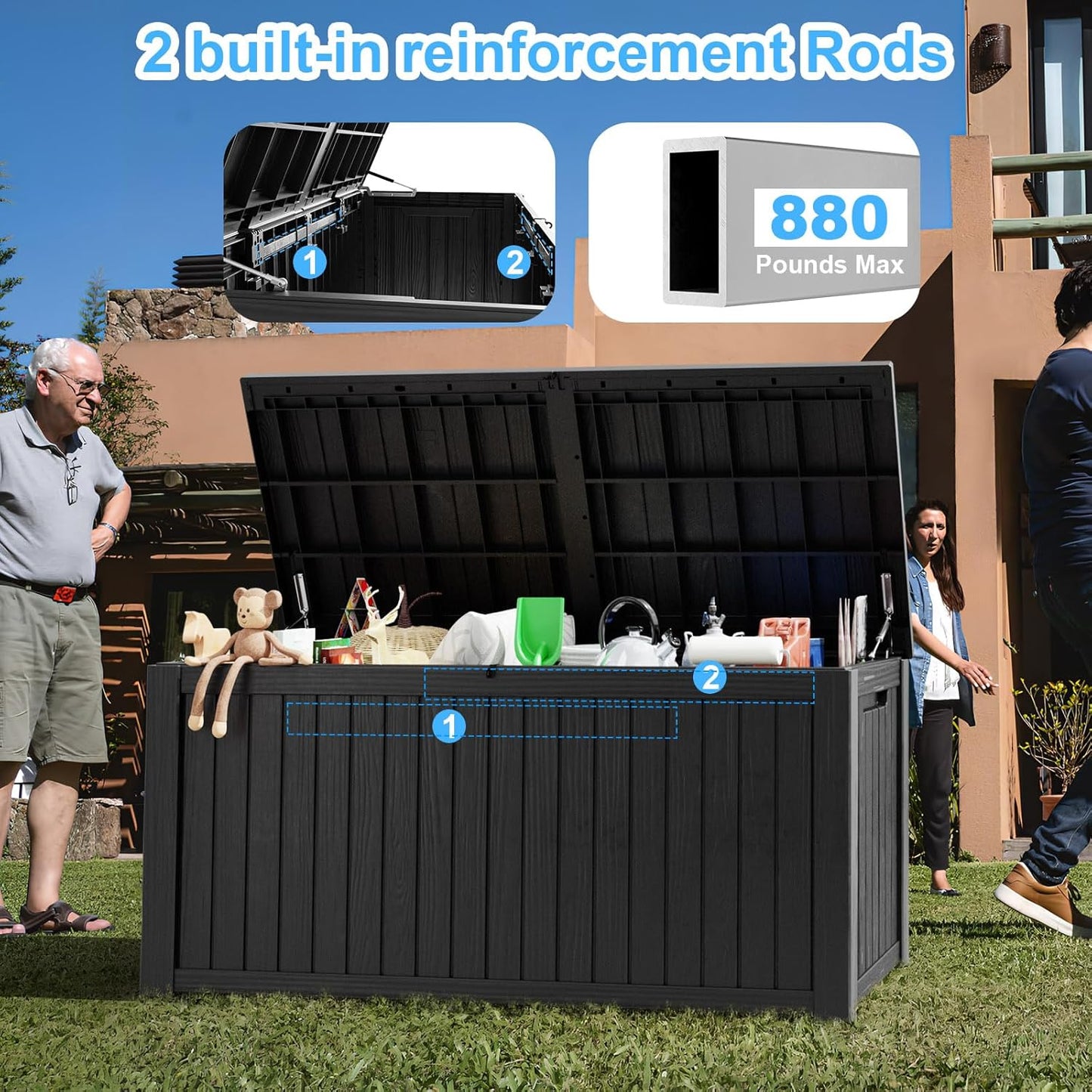 180 Gallon Deck Box,Resin Outdoor Storage Box with Lockable for Patio Furniture, Pool Accessories, Garden Tools Waterproof Outside Storage Box, Black