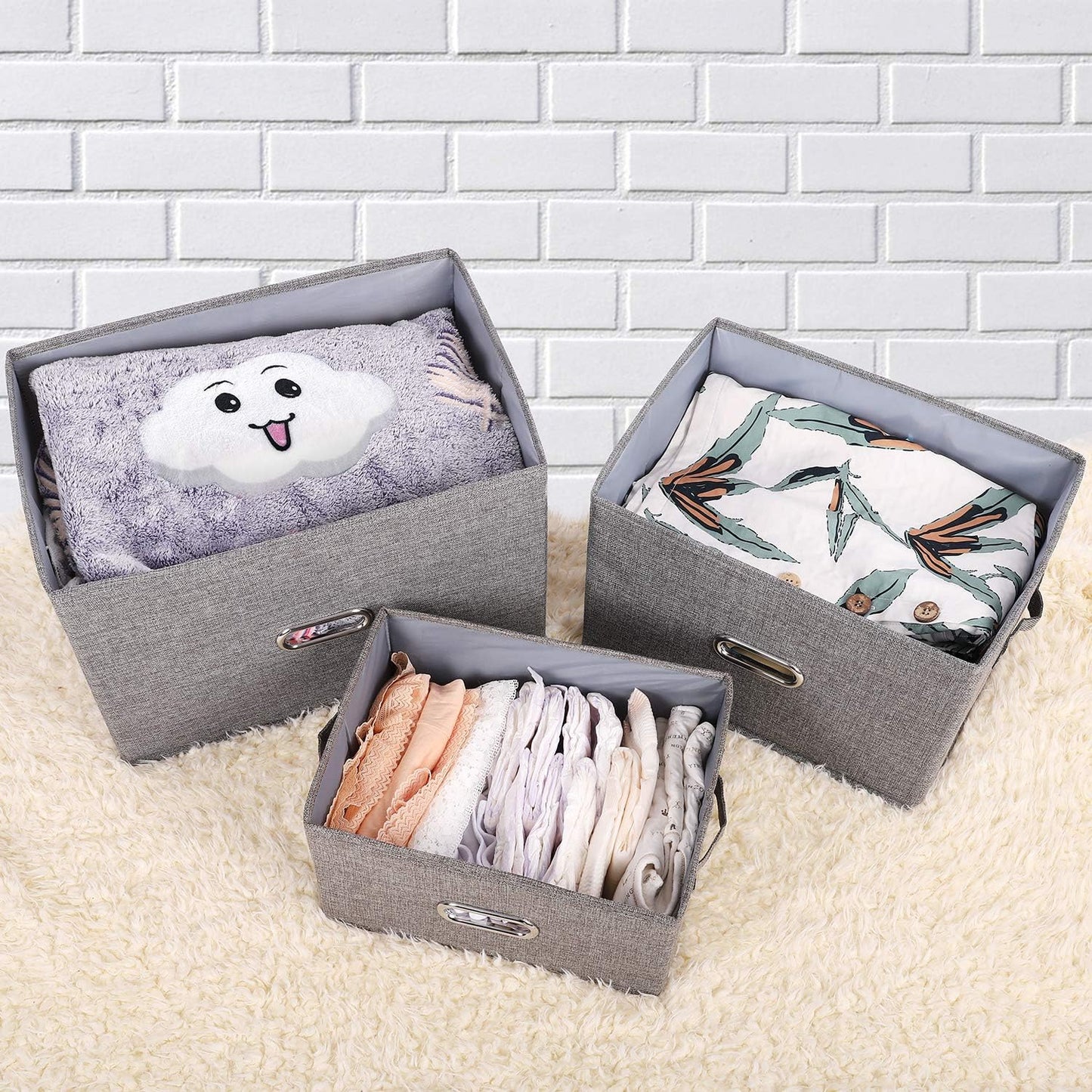Large Linen Fabric Foldable Storage Bins with Removable Lid and Handles, Washable Storage Box Organizer Containers Baskets Cube with Cover for Bedroom,Office(Cream, Medium)