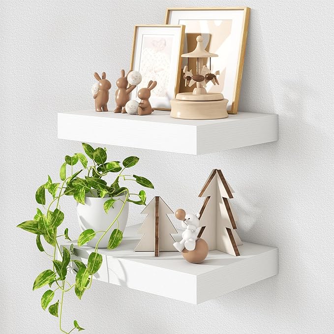 Deep Floating Shelves for Wall | 12 Inch Deep White Floating Shelves Set of 2 | 16W x 12D Rustic Wood Wide Wall Shelves | Bookshelf Laundry Shelf TV Shelf