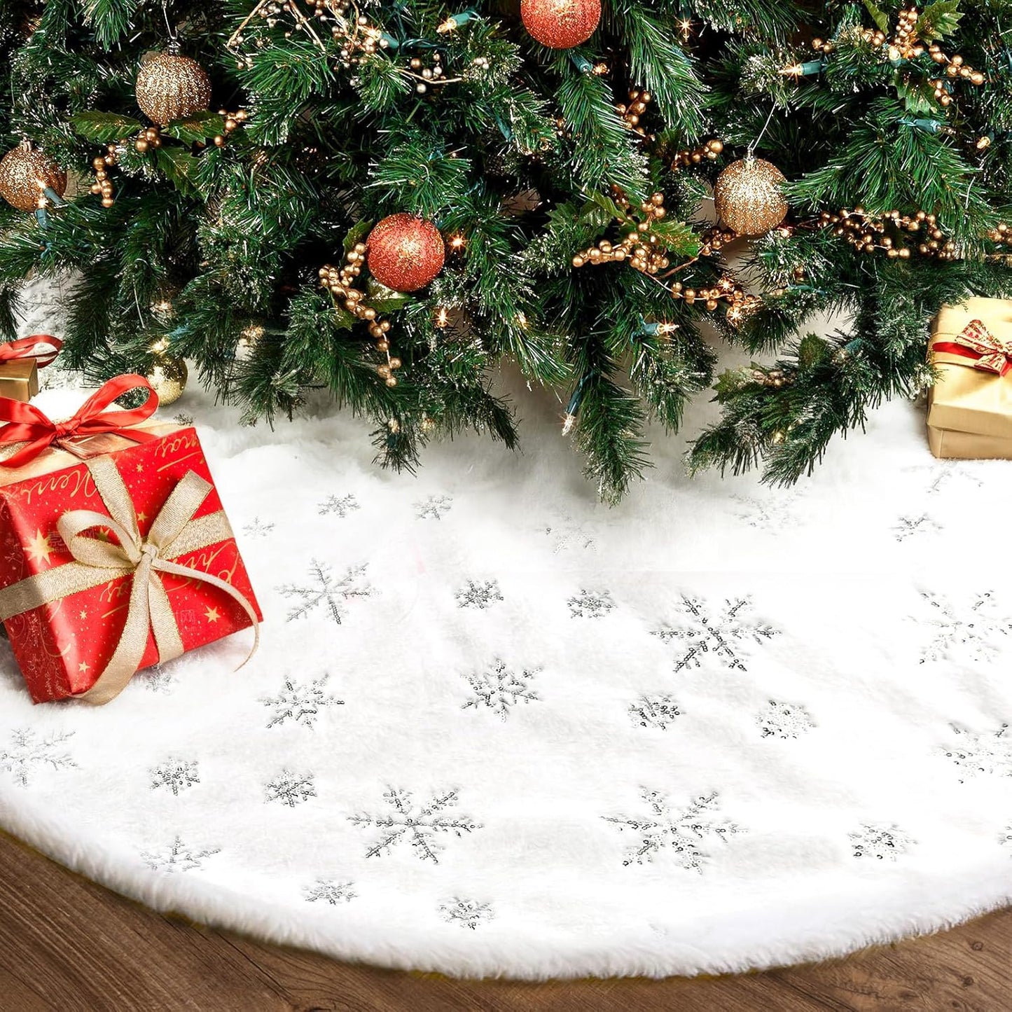 Christmas Tree Skirt 48 Inch, Holiday Part Decorations for Christmas Tree, Whit Plush Sliver Sequin Snowflake Tree Shirt for Xmas