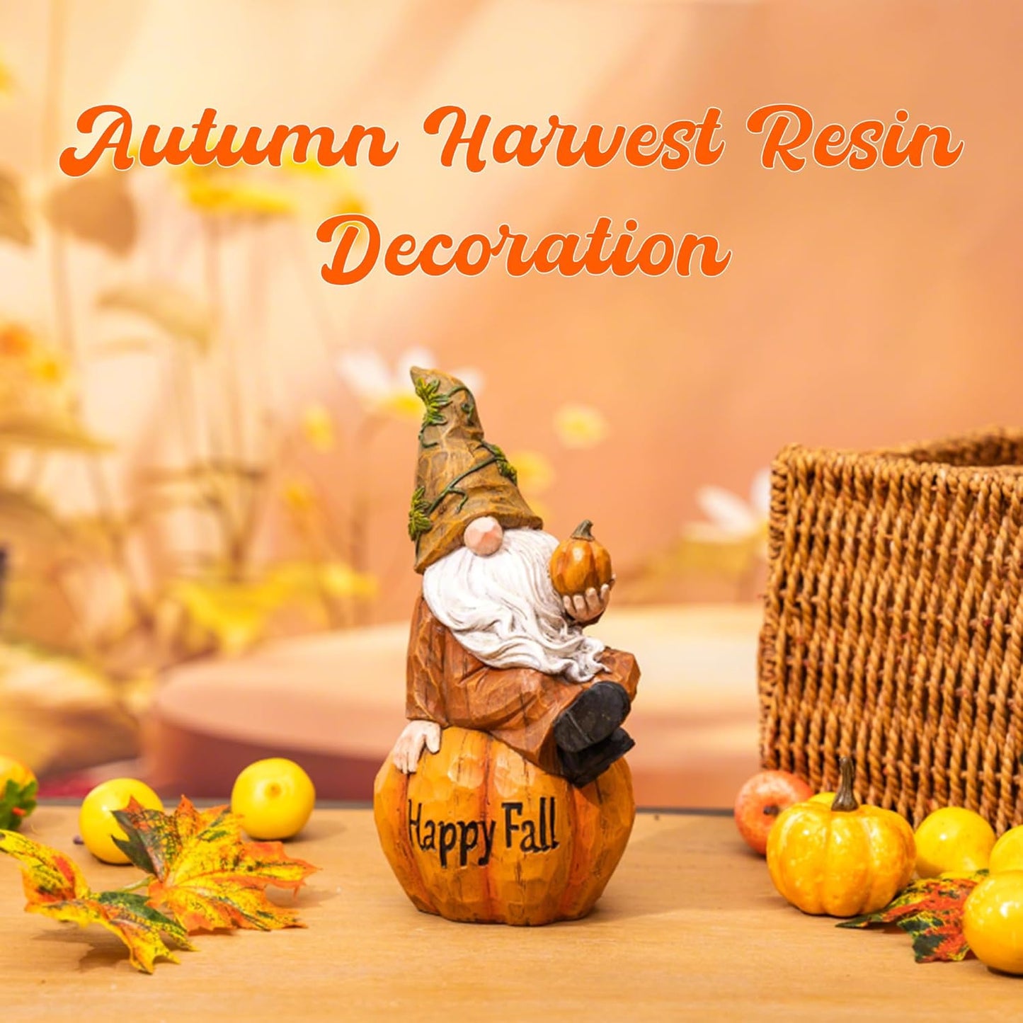 Topadorn Fall Garden Gnome Figurine Sitting on Pumpkin Statue Autumn Harvest Garden Gnomes Statue Figurine for Patio Yard Lawn Porch Decoration, Happy Fall