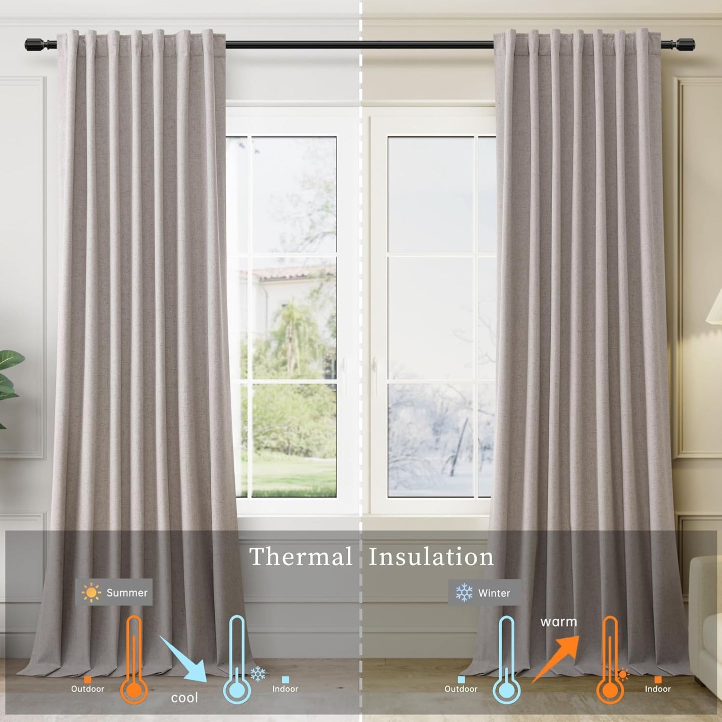 BOODII Full Blackout Curtains 90 Inches Long Room Darkening Curtain for Bedroom Sliding Door Thermal Insulated Black Out Curtains & Drapes Brownish Grey Neutral Linen 2 Panels Set Back Tab 52x90