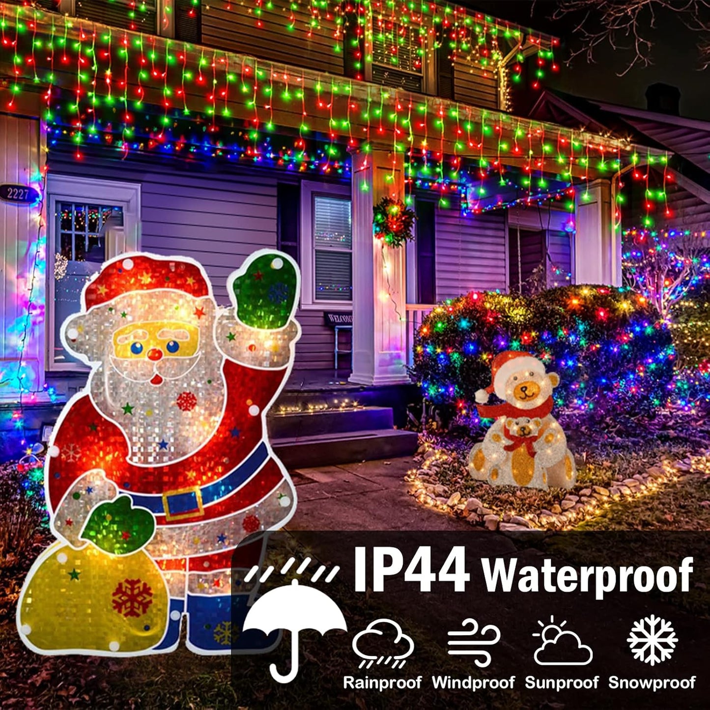 KNONEW 99ft 1216 LED Christmas Lights Outdoor Decorations with 228 Drops, 8 Modes Curtain Fairy Light, Clear Wire LED String Light Decor for Wedding Party Christmas (Red and Green)