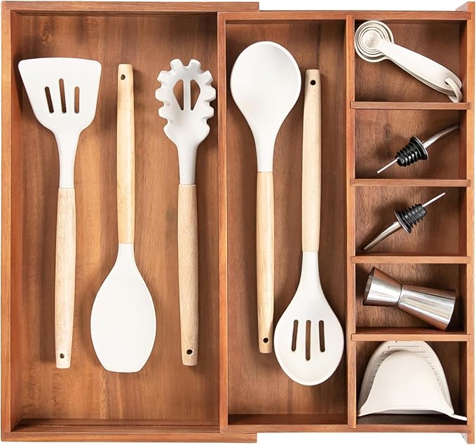 Adjustable Kitchen Drawer Organizer for Utensils and Junk, Food-Safe Contract Grade with 100% Sustainable Wood, Non-Slip, Expandable from 10.5 to 18.5 Inches Wide - Natural Acacia