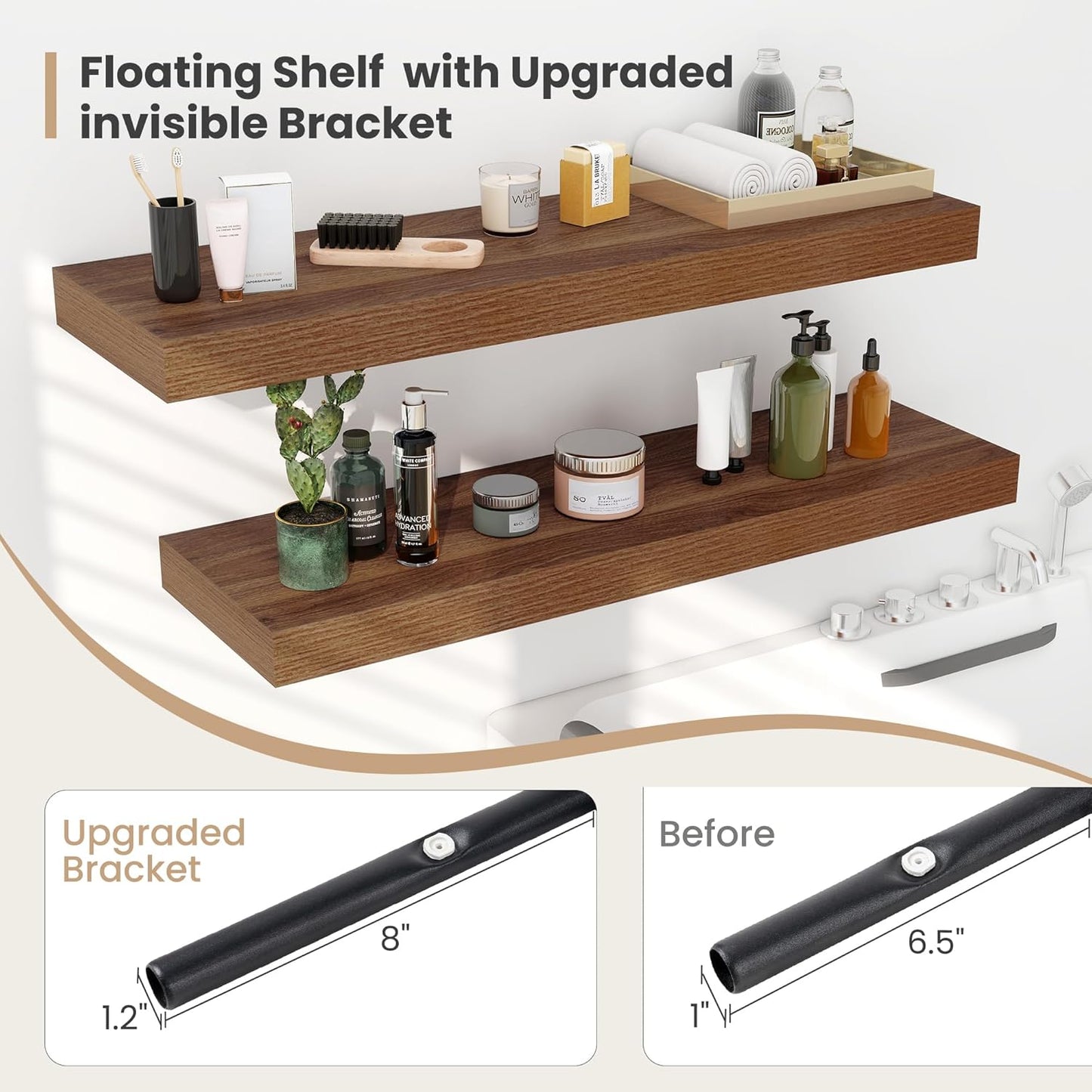 Heimlove 12 Inch Deep Floating Shelves, 12 x 12 inches Long Wall Shelf, Large Extra Display Shelf & Storage Shelf, Rustic Wood Wall Shelves for Fireplace Mantel, Walnut - 2Pack