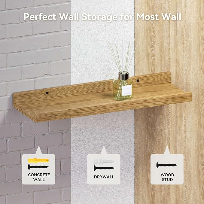 RICHER HOUSE 5 Set Floating Shelves for Wall Decor, Wall Mounted Book Shelf, Nursery Shelves Picture Ledge Shelf with Lip for Wall Storage, Bedroom, Living Room, Bathroom - Oak