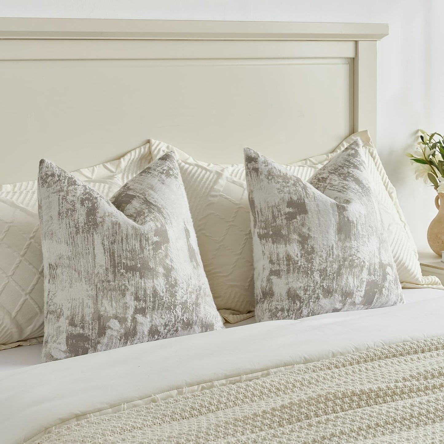 FUTEI Grey White Decorative Throw Pillow Covers 24x24 Inch Set of 2,Soft Faux Cashmere Jacquard - Textured & Cozy Euro Pillow Shams,Modern Home Decor for Couch Bed Living Room