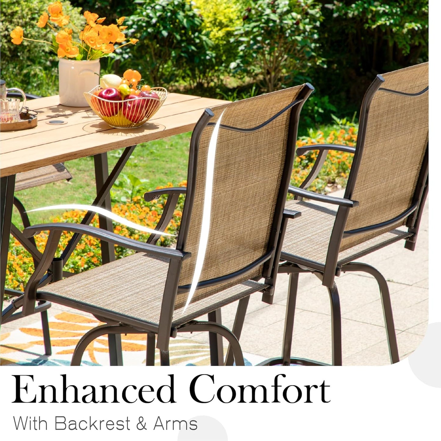 Sophia & William Outdoor Bar Set, Patio Bar Table & Chairs Set, Bar Height Patio Set - 2 x Swivel Bar Chairs(Brown), 1 x Square Bar Table(Wood-Like)