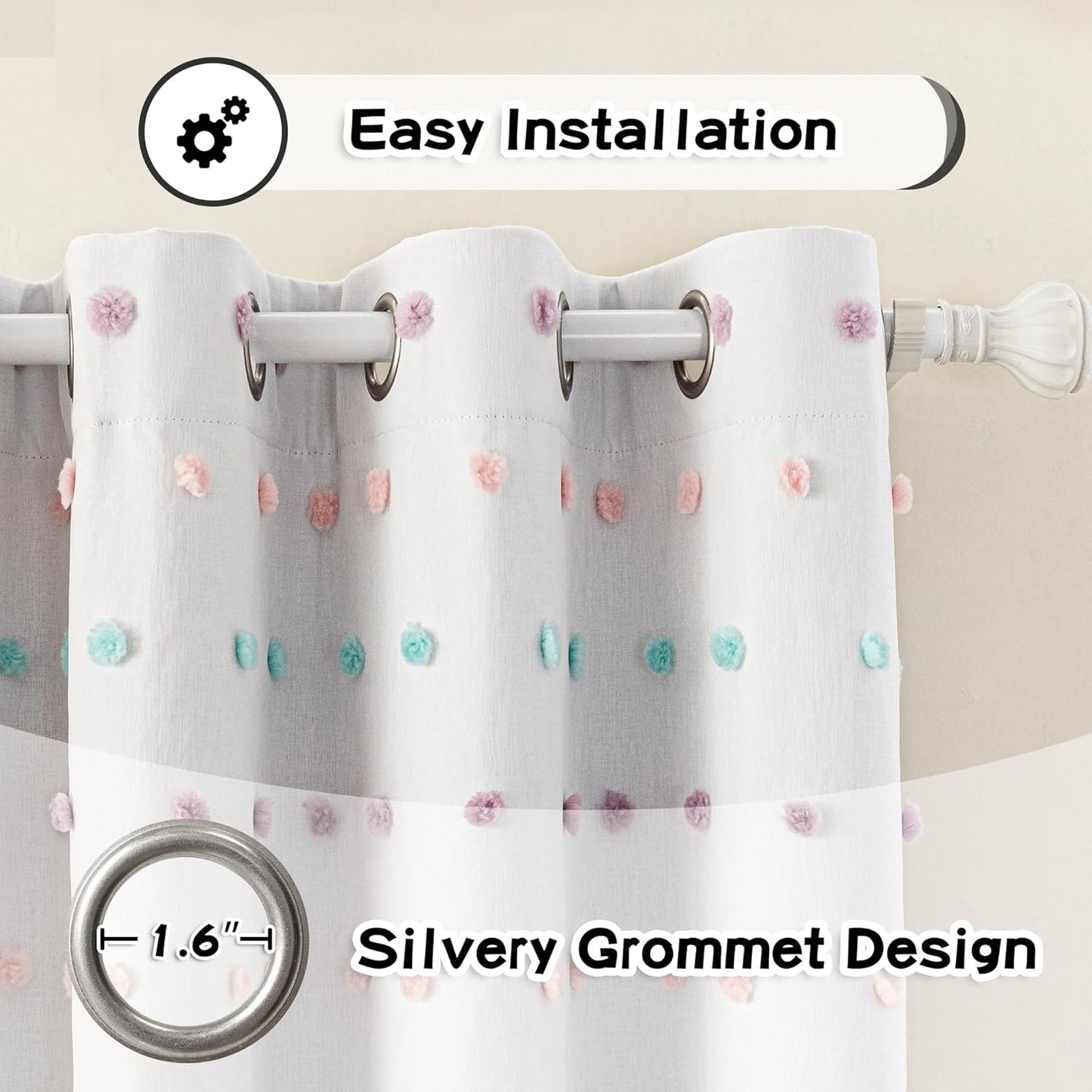 MYSKY HOME Total Blackout Curtains for Kids Bedroom Nursery Curtains 100% Light Block Doubled Curtains with Rainbow Pom Pom Sheer Window Drapes for Kitchen Room Darkening Grommet Set of 2, 52 x 63 in