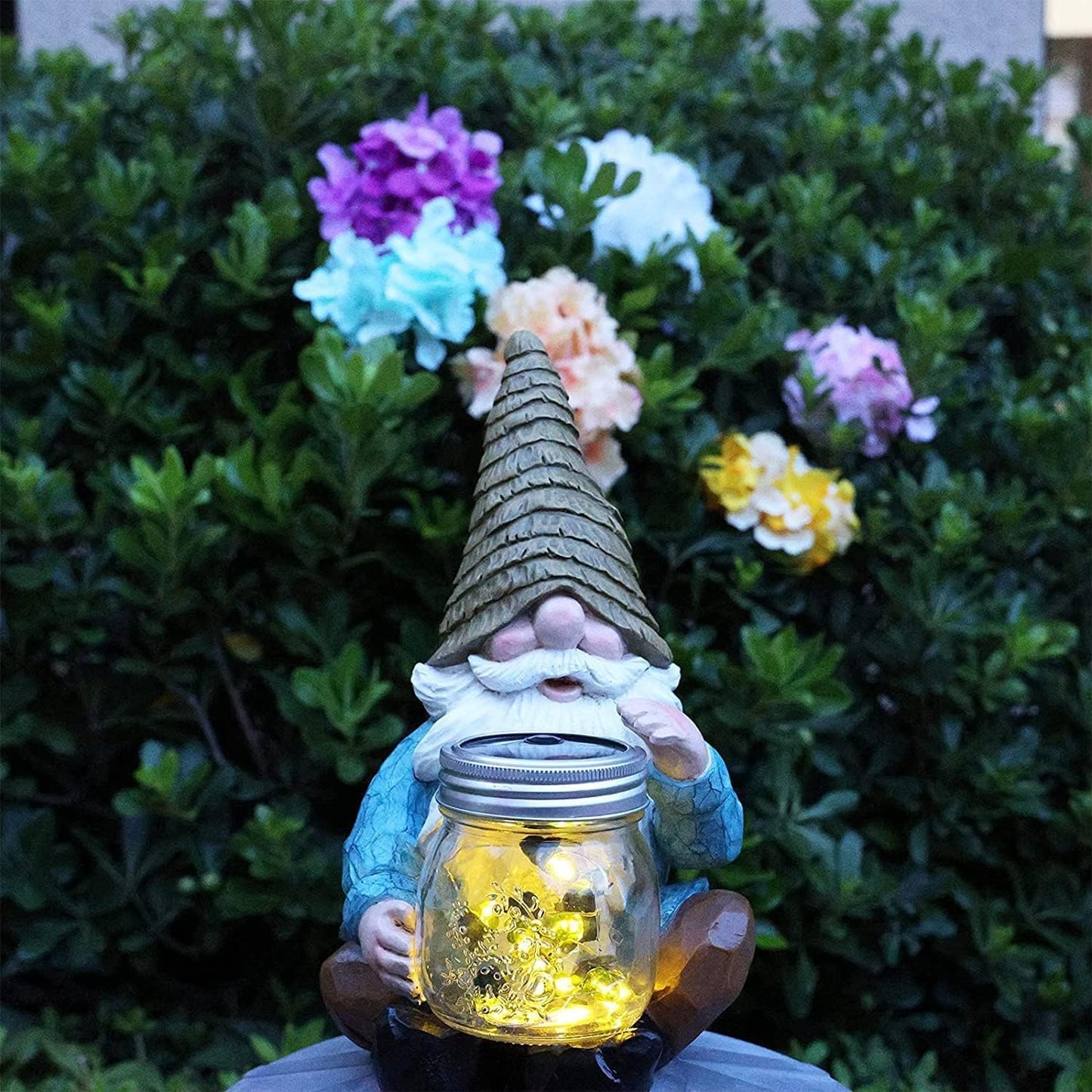 Solar Firefly Jar Gnome Waterproof- Large Garden Gnome Funny Solar Outdoor LED Lights Resin Statues 10.6" Lantern Figurines Decorations Birthday Gifts for Mom Women - Unique Housewarming Gifts