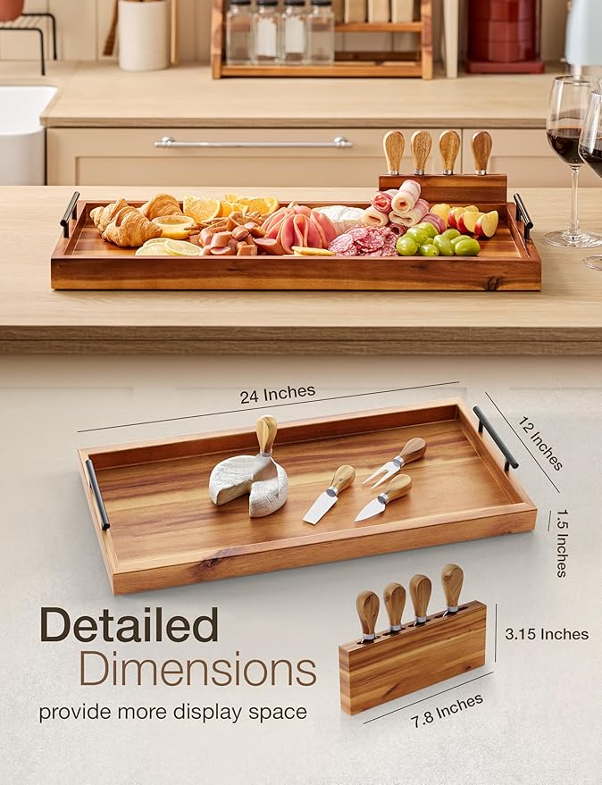 24" Large Charcuterie Tray with Handles, Extra Long Wooden Serving Cheese Boards - Serving Platter for Meat, Party Appetizers, Outdoor & Fruits Display (Acacia Wood)