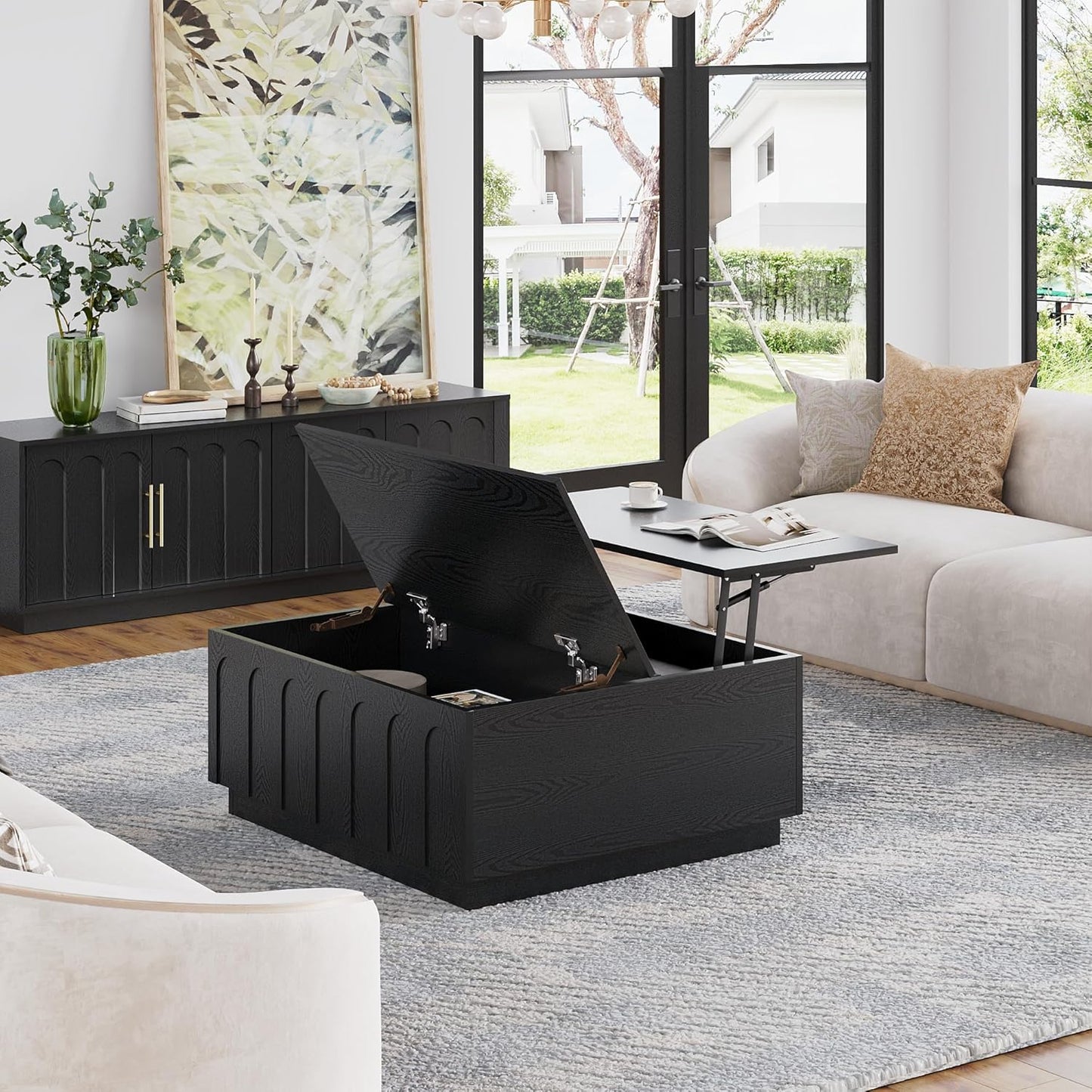 Lift Top Coffee Table with Storage, Modern Coffee Table with Arched Design, 31.5" Square Tea Table with Wood Grain, Minimalist Multifunctional Center Table for Living Room, Office, Black